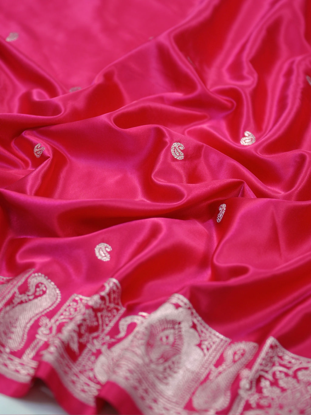 Rani Pink Banarasi Mashru Katan Silk Saree with Paisley Motif Highlights
