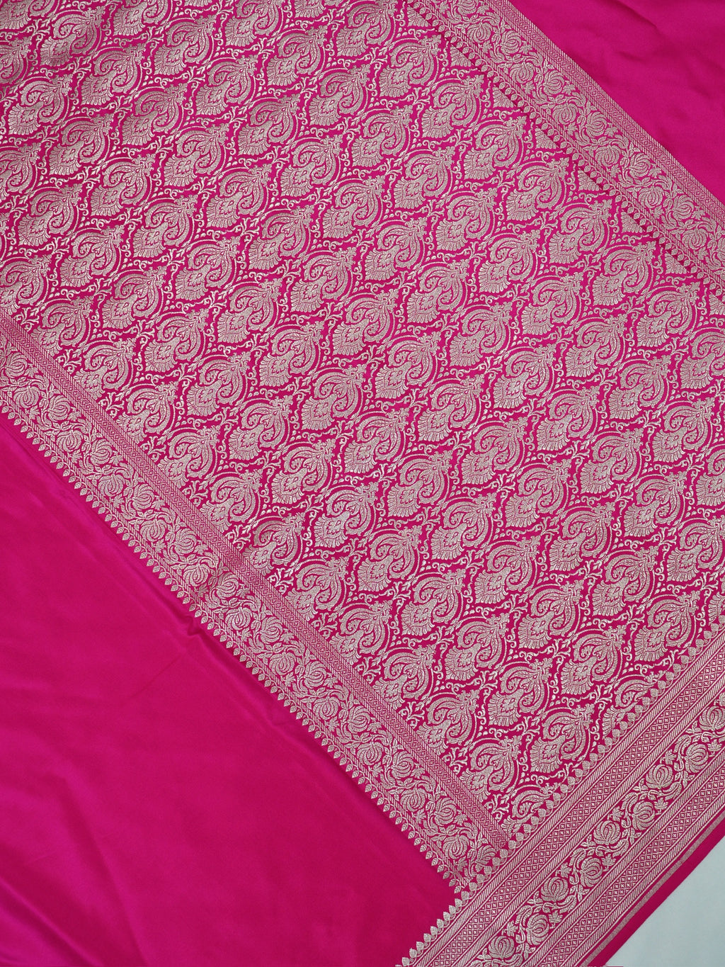 Rani Pink Banarasi Mashru Katan Silk Saree with Antique Silver Zari Weaving