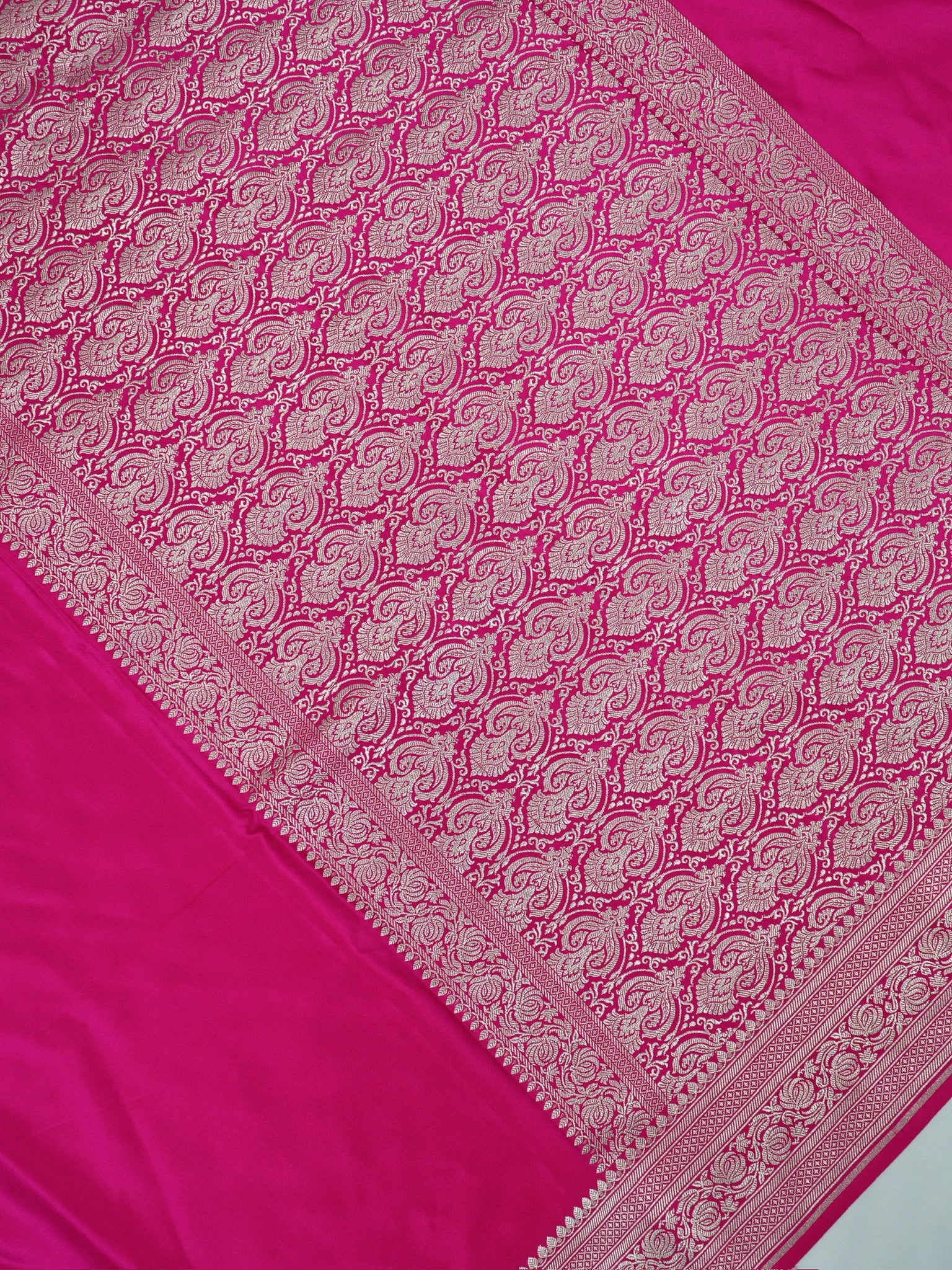 Rani Pink Banarasi Mashru Katan Silk Saree with Antique Silver Zari Weaving