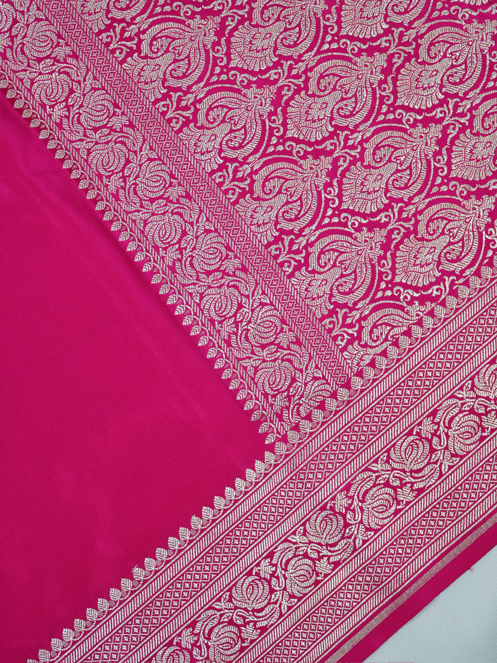 Rani Pink Banarasi Mashru Katan Silk Saree with Antique Silver Zari Weaving