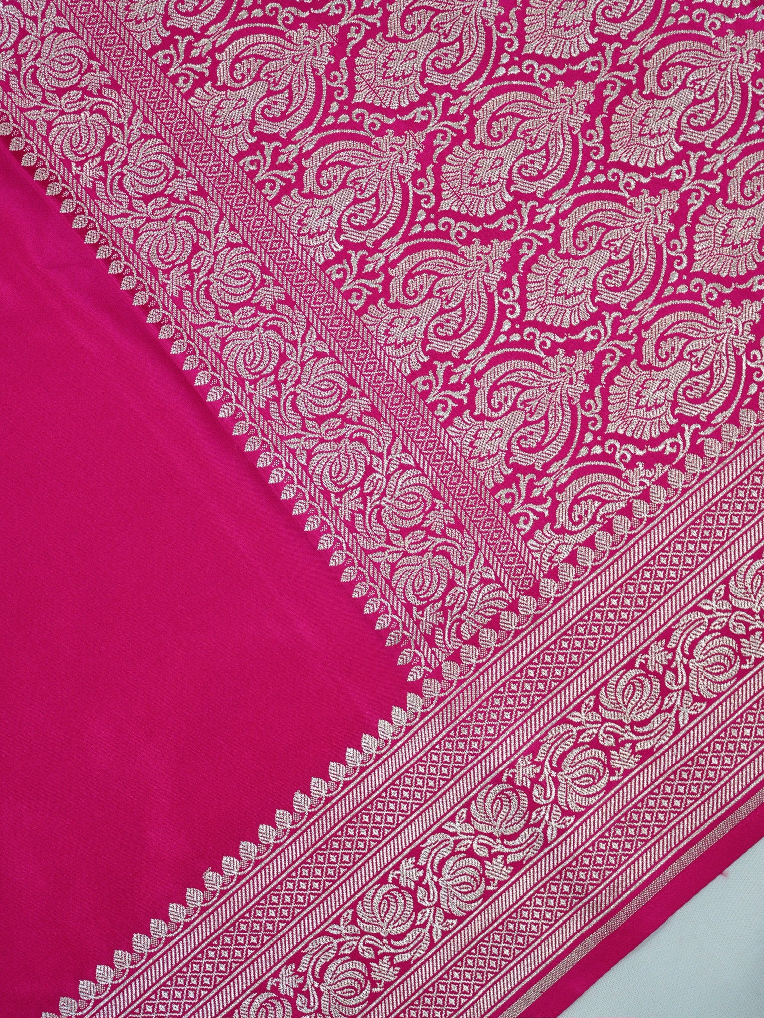 Rani Pink Banarasi Mashru Katan Silk Saree with Antique Silver Zari Weaving