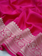 Rani Pink Banarasi Mashru Katan Silk Saree with Antique Silver Zari Weaving