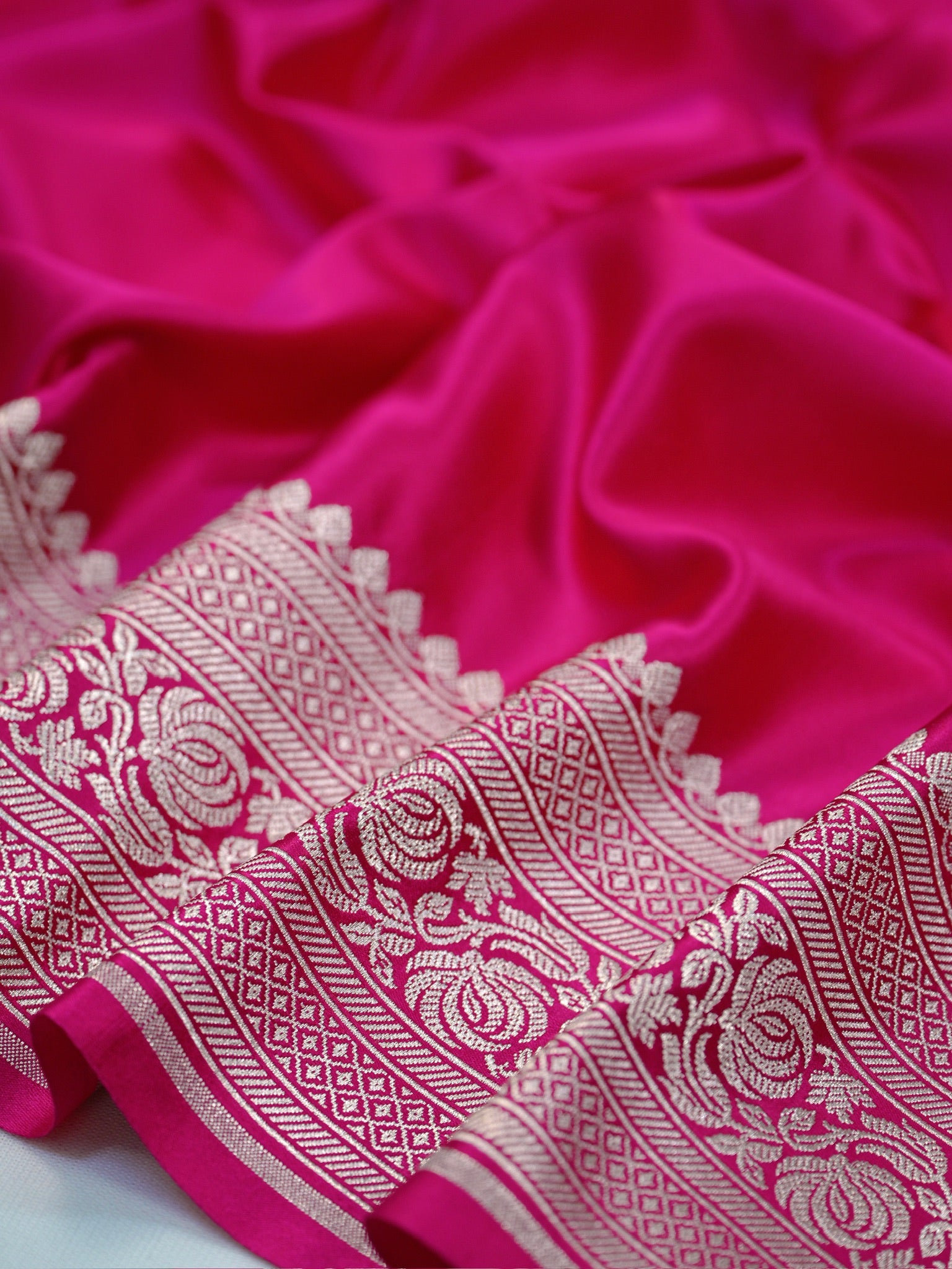 Rani Pink Banarasi Mashru Katan Silk Saree with Antique Silver Zari Weaving