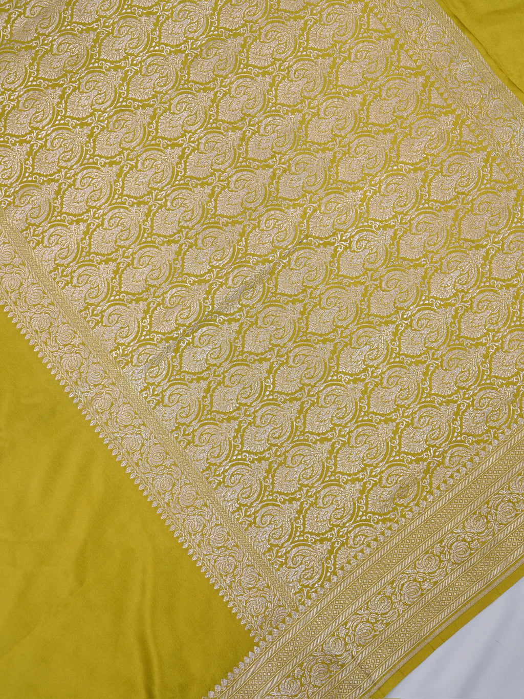 Olive Yellow Banarasi Mashru Katan Silk Saree with Silver Zari Weaving