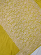 Olive Yellow Banarasi Mashru Katan Silk Saree with Silver Zari Weaving
