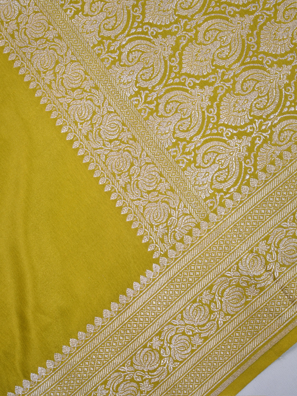 Olive Yellow Banarasi Mashru Katan Silk Saree with Silver Zari Weaving