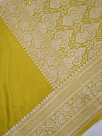 Olive Yellow Banarasi Mashru Katan Silk Saree with Silver Zari Weaving
