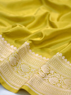Olive Yellow Banarasi Mashru Katan Silk Saree with Silver Zari Weaving