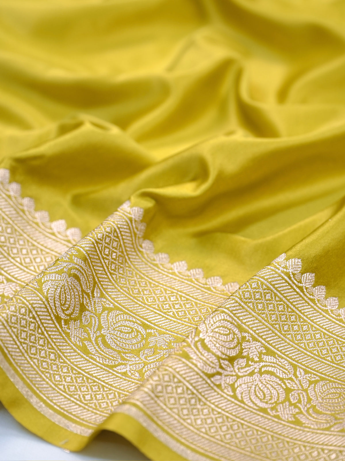 Olive Yellow Banarasi Mashru Katan Silk Saree with Silver Zari Weaving
