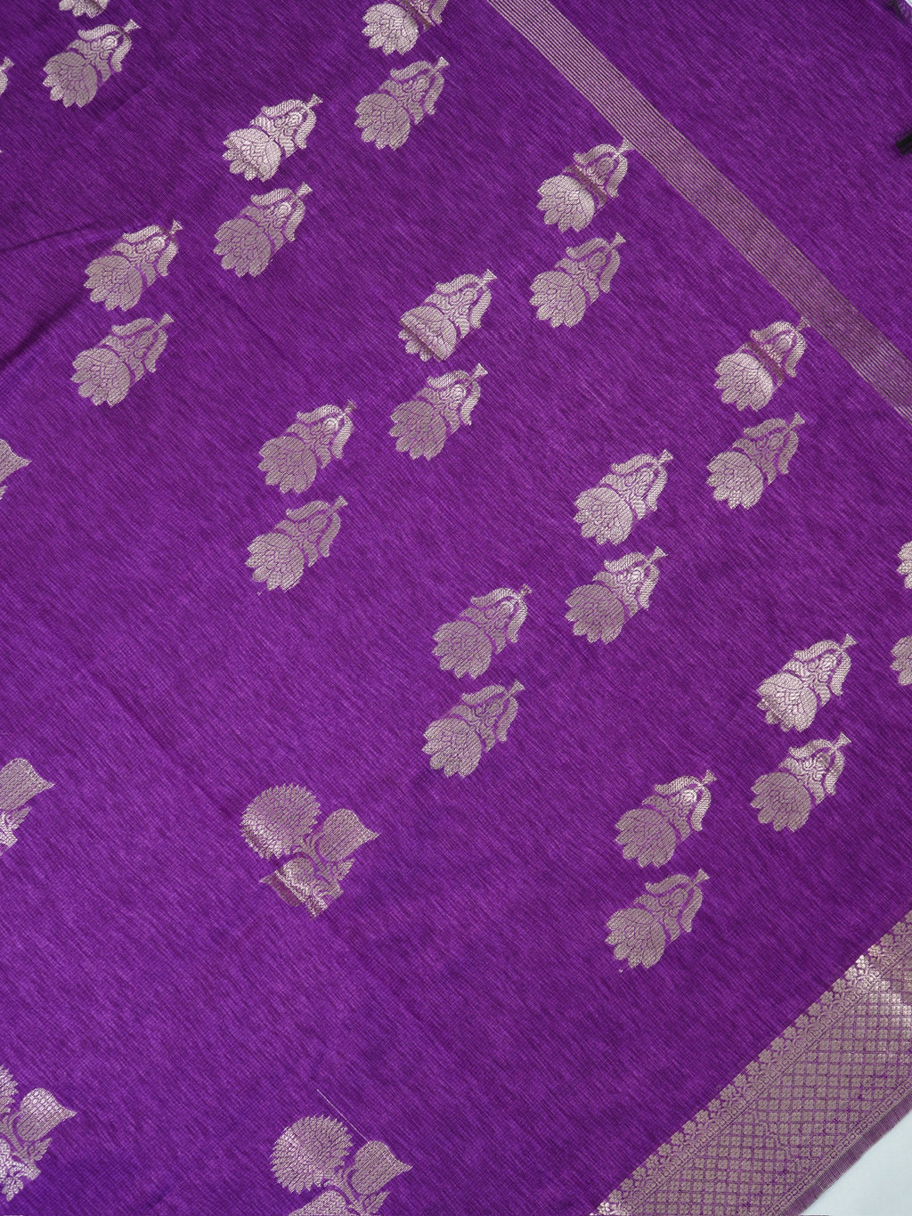 Royal Purple Soft Linen Silk Saree with Floral Silver Zari Butis & Woven Lattice Border