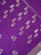 Royal Purple Soft Linen Silk Saree with Floral Silver Zari Butis & Woven Lattice Border