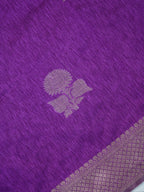 Royal Purple Soft Linen Silk Saree with Floral Silver Zari Butis & Woven Lattice Border
