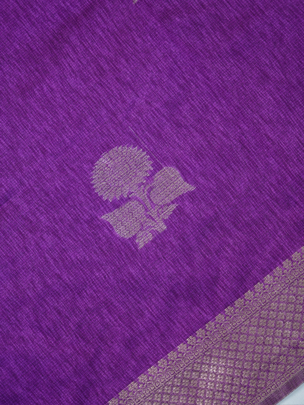 Royal Purple Soft Linen Silk Saree with Floral Silver Zari Butis & Woven Lattice Border