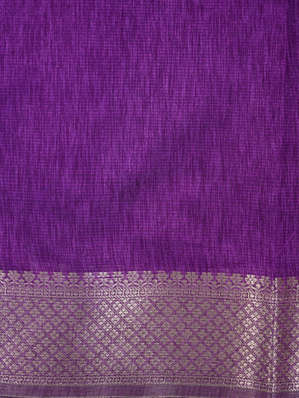 Royal Purple Soft Linen Silk Saree with Floral Silver Zari Butis & Woven Lattice Border