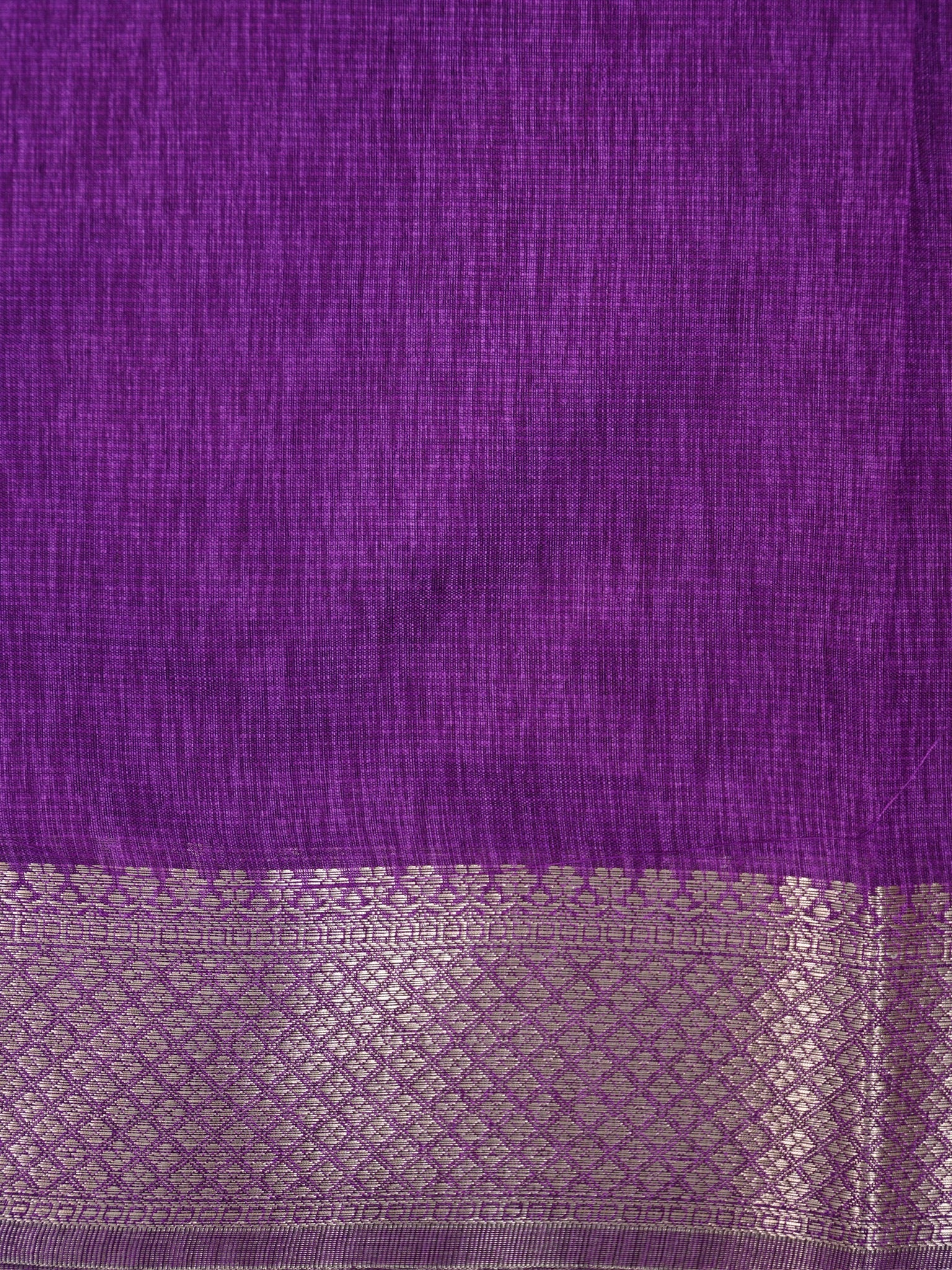 Royal Purple Soft Linen Silk Saree with Floral Silver Zari Butis & Woven Lattice Border