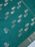 Teal Blue Soft Linen Silk Saree with Floral Silver Zari Butis & Woven Lattice Border