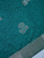 Teal Blue Soft Linen Silk Saree with Floral Silver Zari Butis & Woven Lattice Border