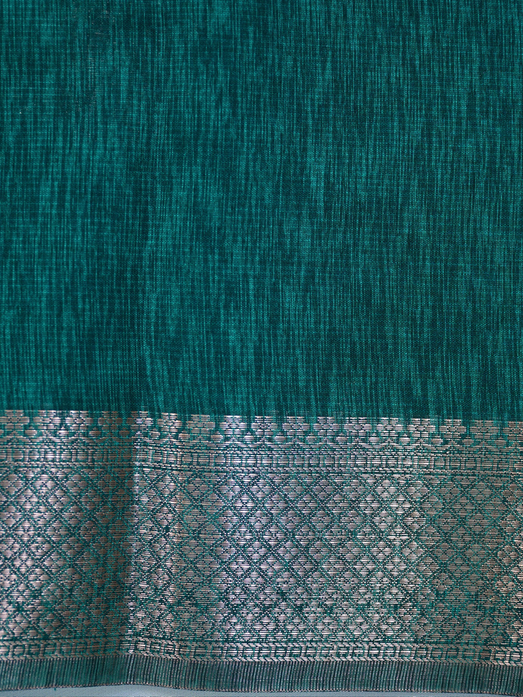 Teal Blue Soft Linen Silk Saree with Floral Silver Zari Butis & Woven Lattice Border