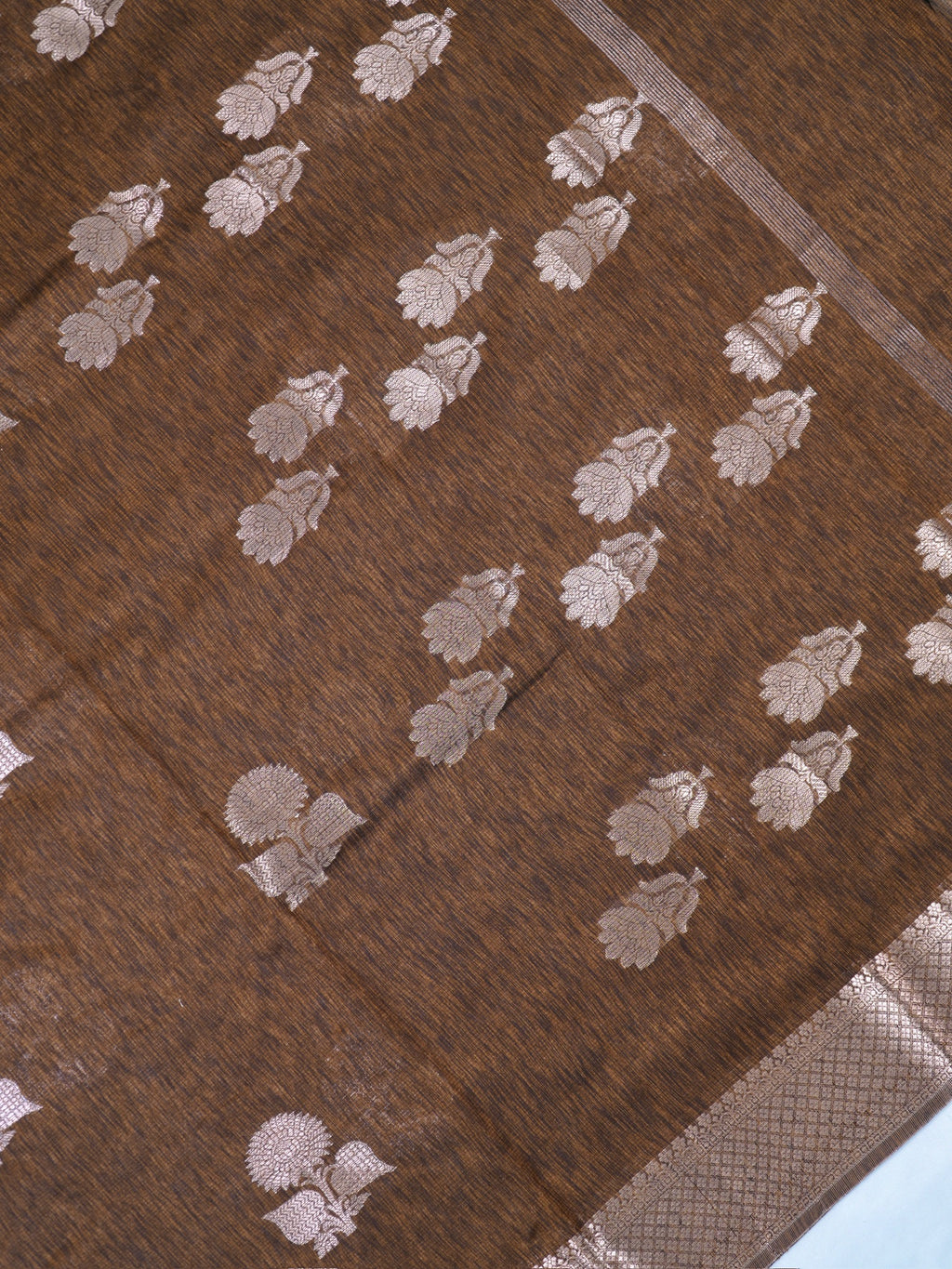 Coffee Brown Soft Linen Silk Saree with Floral Silver Zari Butis Woven Lattice Border