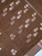 Coffee Brown Soft Linen Silk Saree with Floral Silver Zari Butis Woven Lattice Border