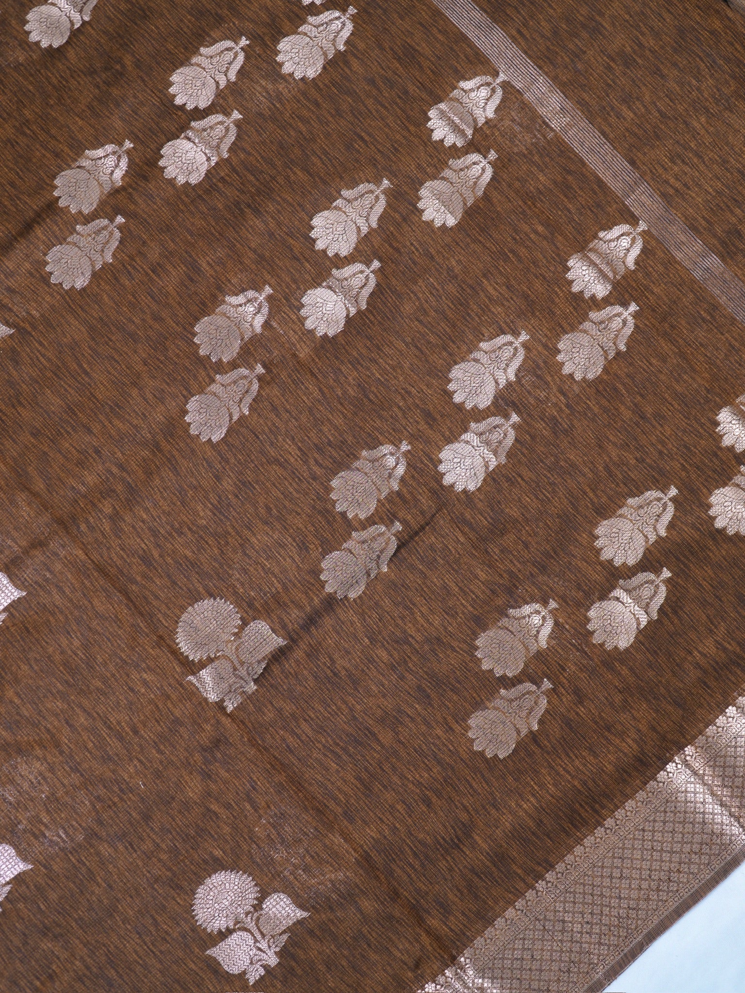 Coffee Brown Soft Linen Silk Saree with Floral Silver Zari Butis Woven Lattice Border
