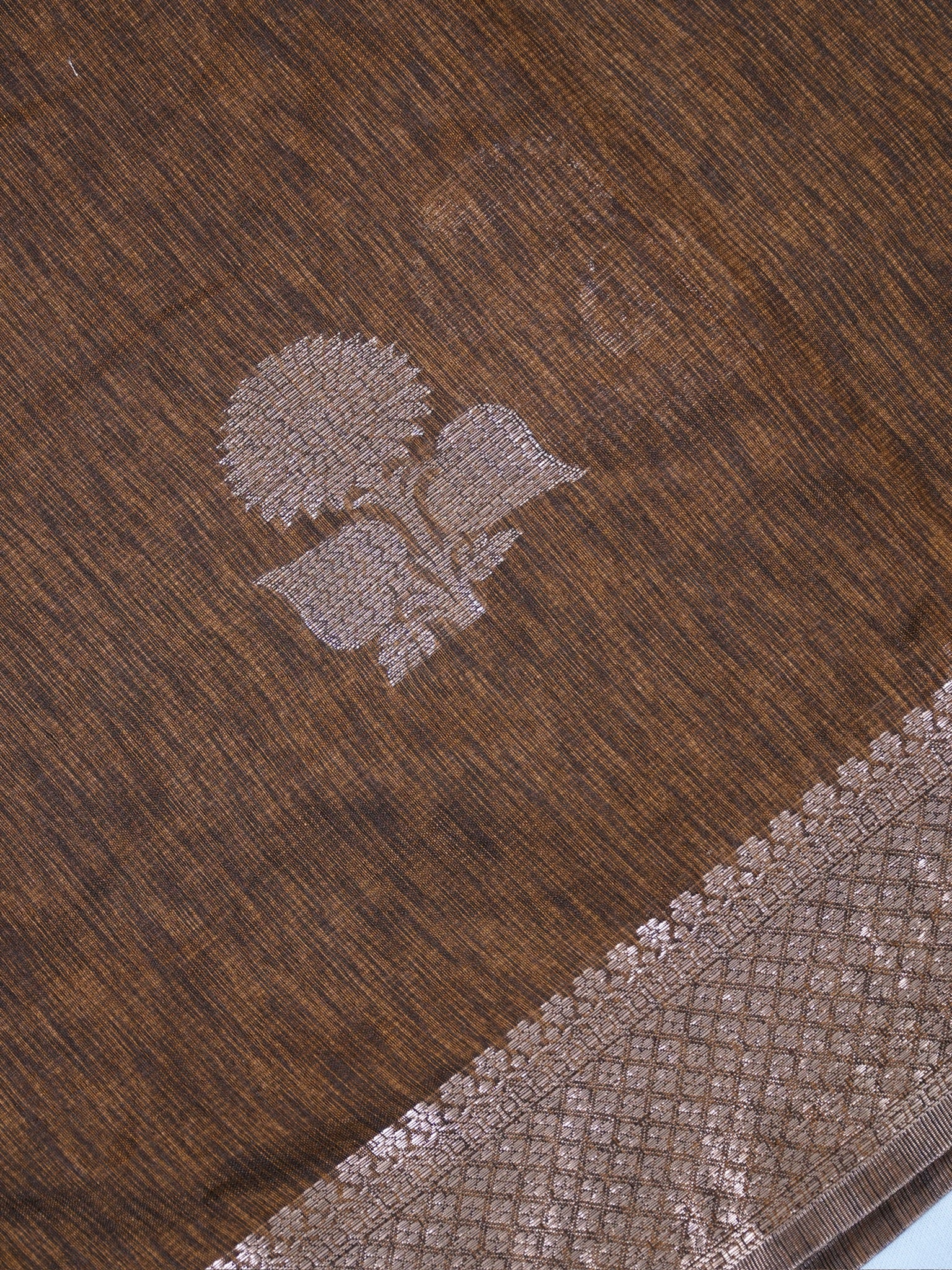 Coffee Brown Soft Linen Silk Saree with Floral Silver Zari Butis Woven Lattice Border