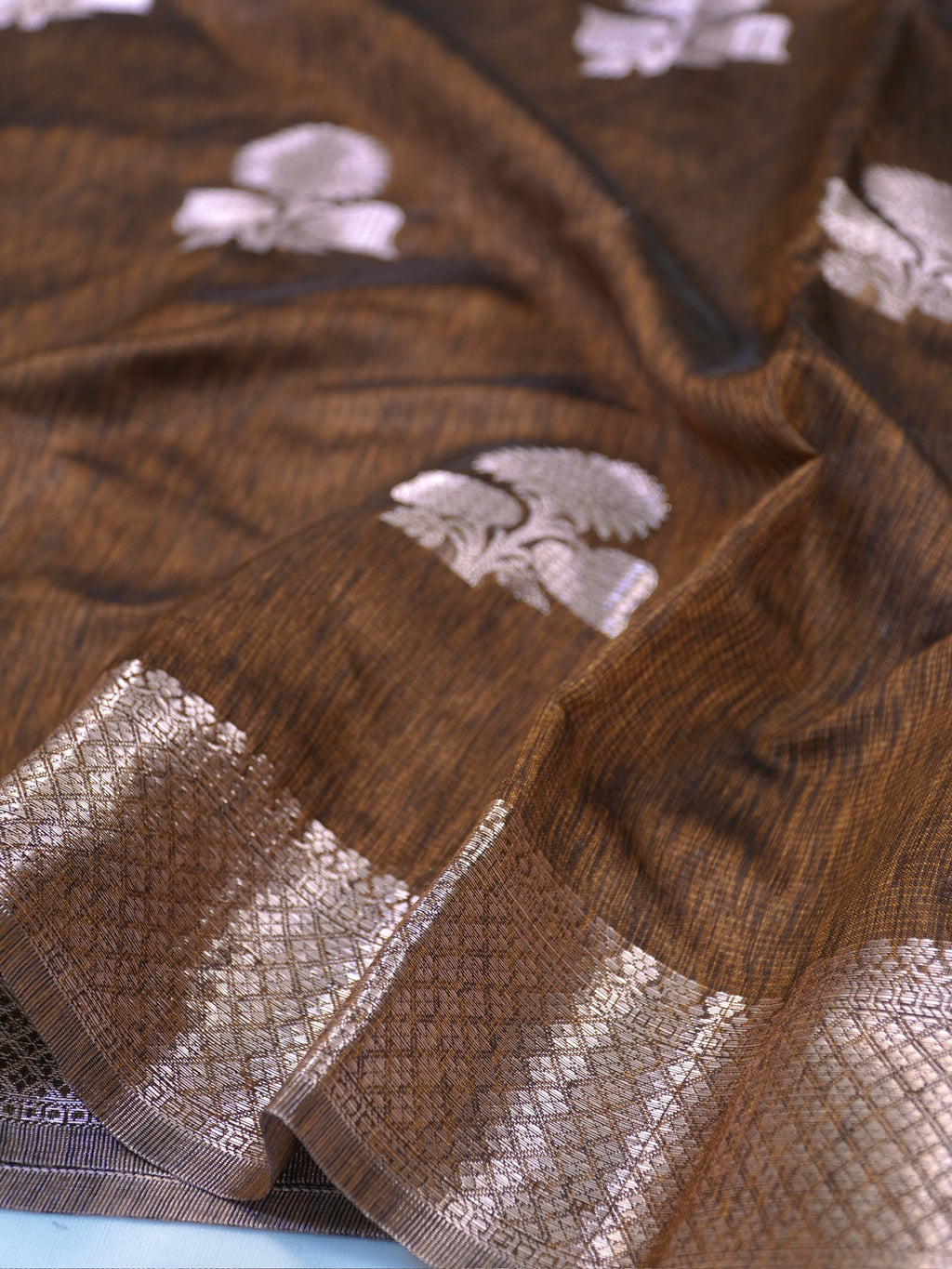 Coffee Brown Soft Linen Silk Saree with Floral Silver Zari Butis Woven Lattice Border