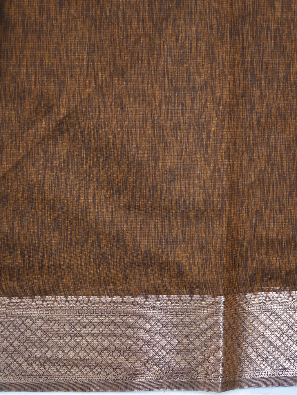 Coffee Brown Soft Linen Silk Saree with Floral Silver Zari Butis Woven Lattice Border