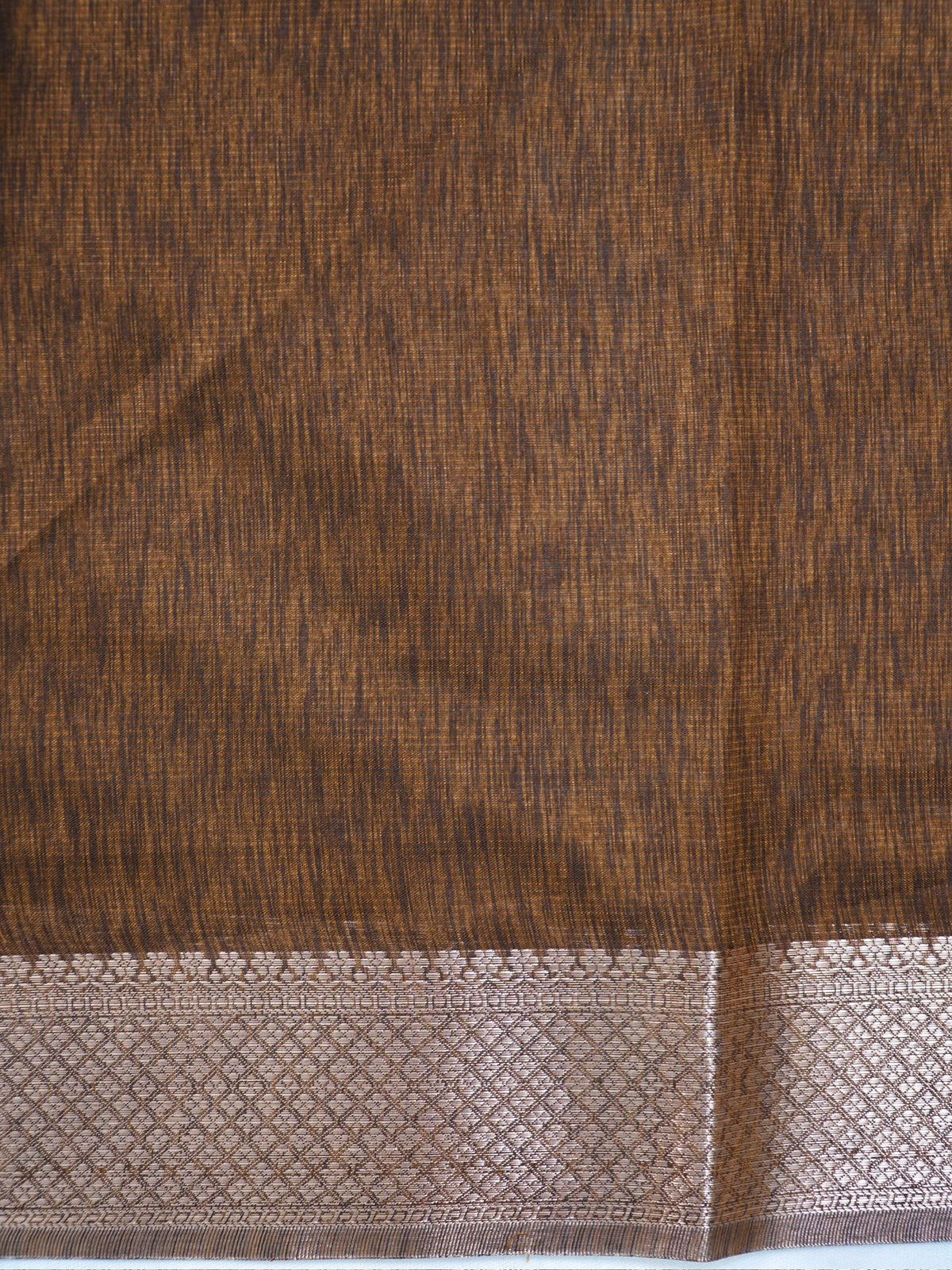 Coffee Brown Soft Linen Silk Saree with Floral Silver Zari Butis Woven Lattice Border