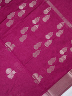 Magenta Pink Soft Linen Silk Saree with Floral Silver Zari Butis &amp; Woven Lattice Border