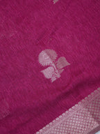 Magenta Pink Soft Linen Silk Saree with Floral Silver Zari Butis &amp; Woven Lattice Border