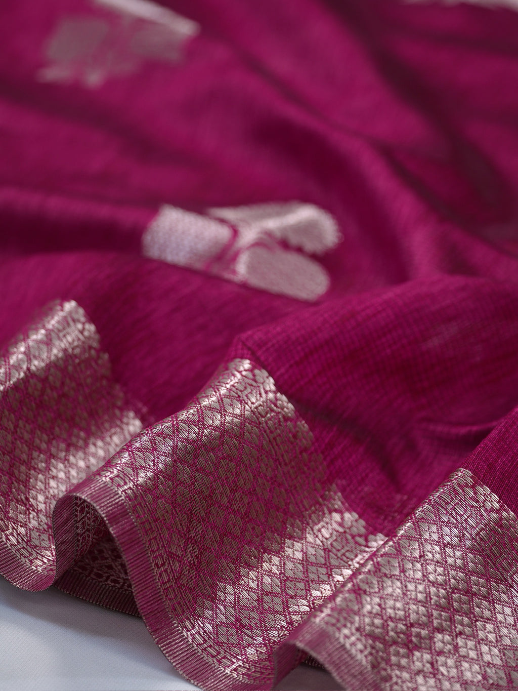 Magenta Pink Soft Linen Silk Saree with Floral Silver Zari Butis &amp; Woven Lattice Border