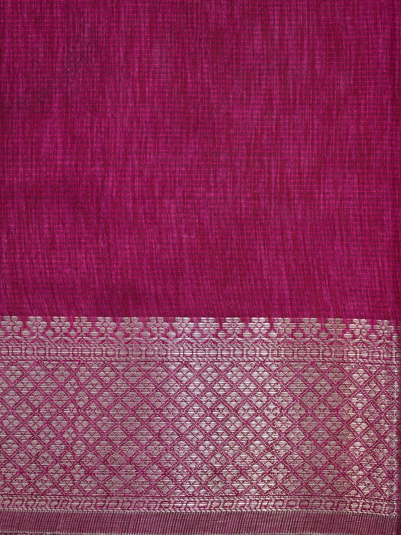 Magenta Pink Soft Linen Silk Saree with Floral Silver Zari Butis &amp; Woven Lattice Border