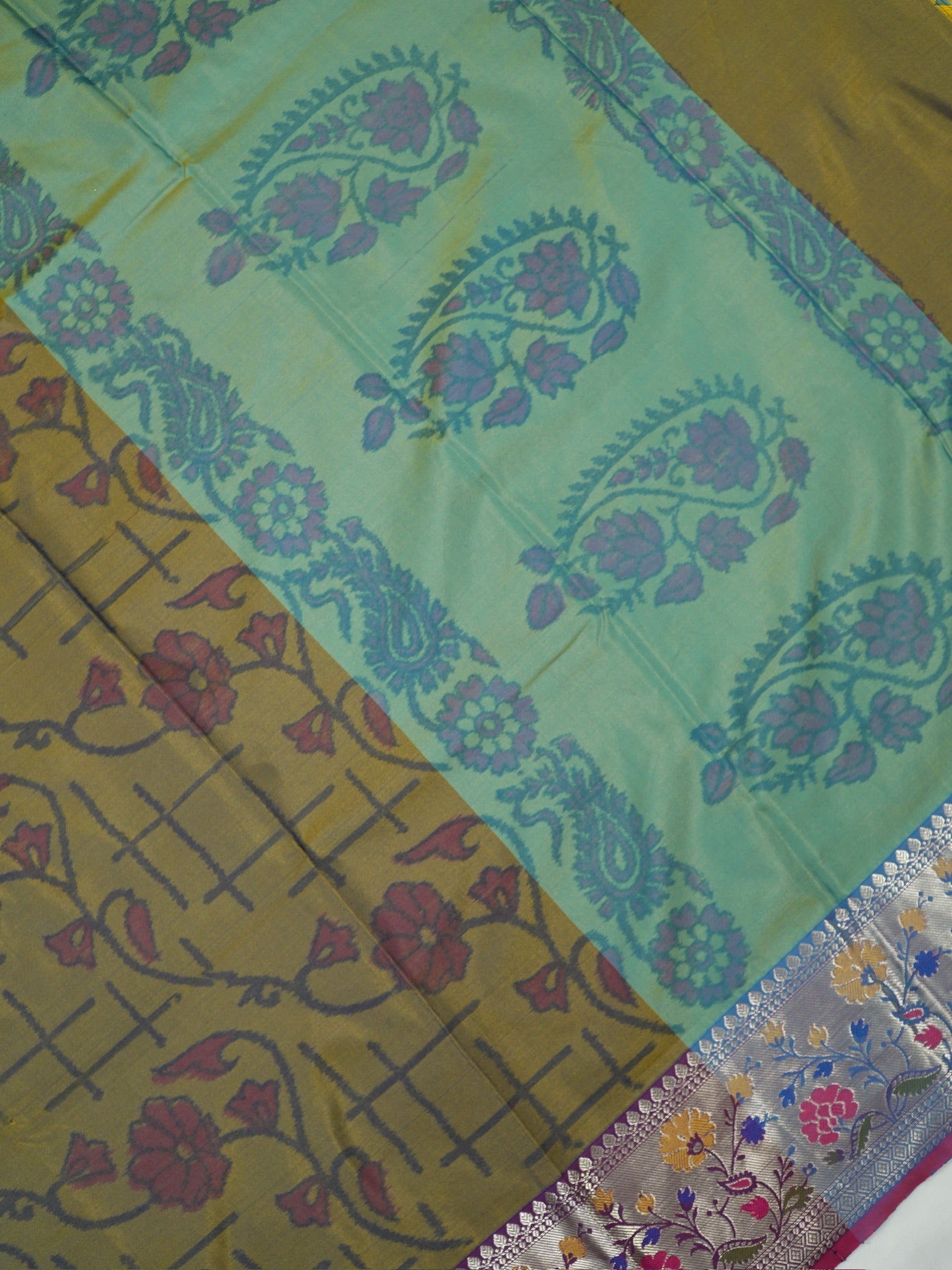 Mustard & Sea Green Pochampally Silk Saree with Ikat Floral Vines & Silver Zari Meenakari Border