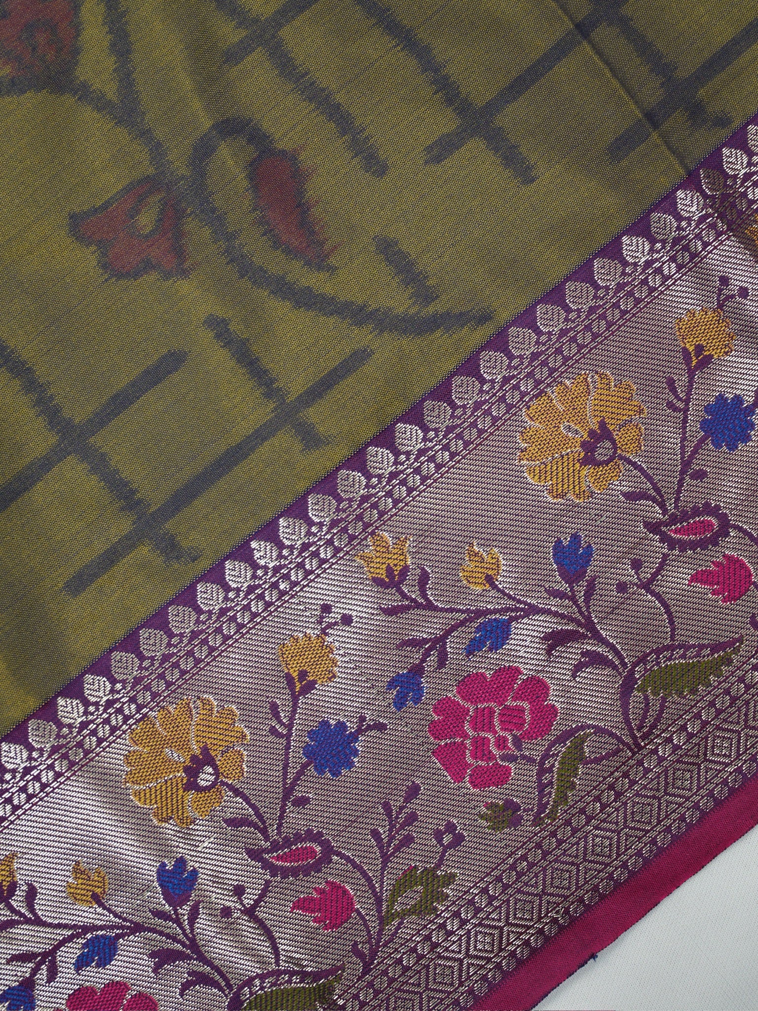 Mustard & Sea Green Pochampally Silk Saree with Ikat Floral Vines & Silver Zari Meenakari Border