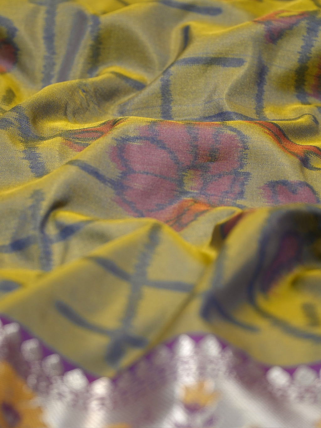 Mustard & Sea Green Pochampally Silk Saree with Ikat Floral Vines & Silver Zari Meenakari Border