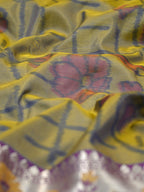 Mustard & Sea Green Pochampally Silk Saree with Ikat Floral Vines & Silver Zari Meenakari Border