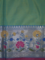 Mustard & Sea Green Pochampally Silk Saree with Ikat Floral Vines & Silver Zari Meenakari Border