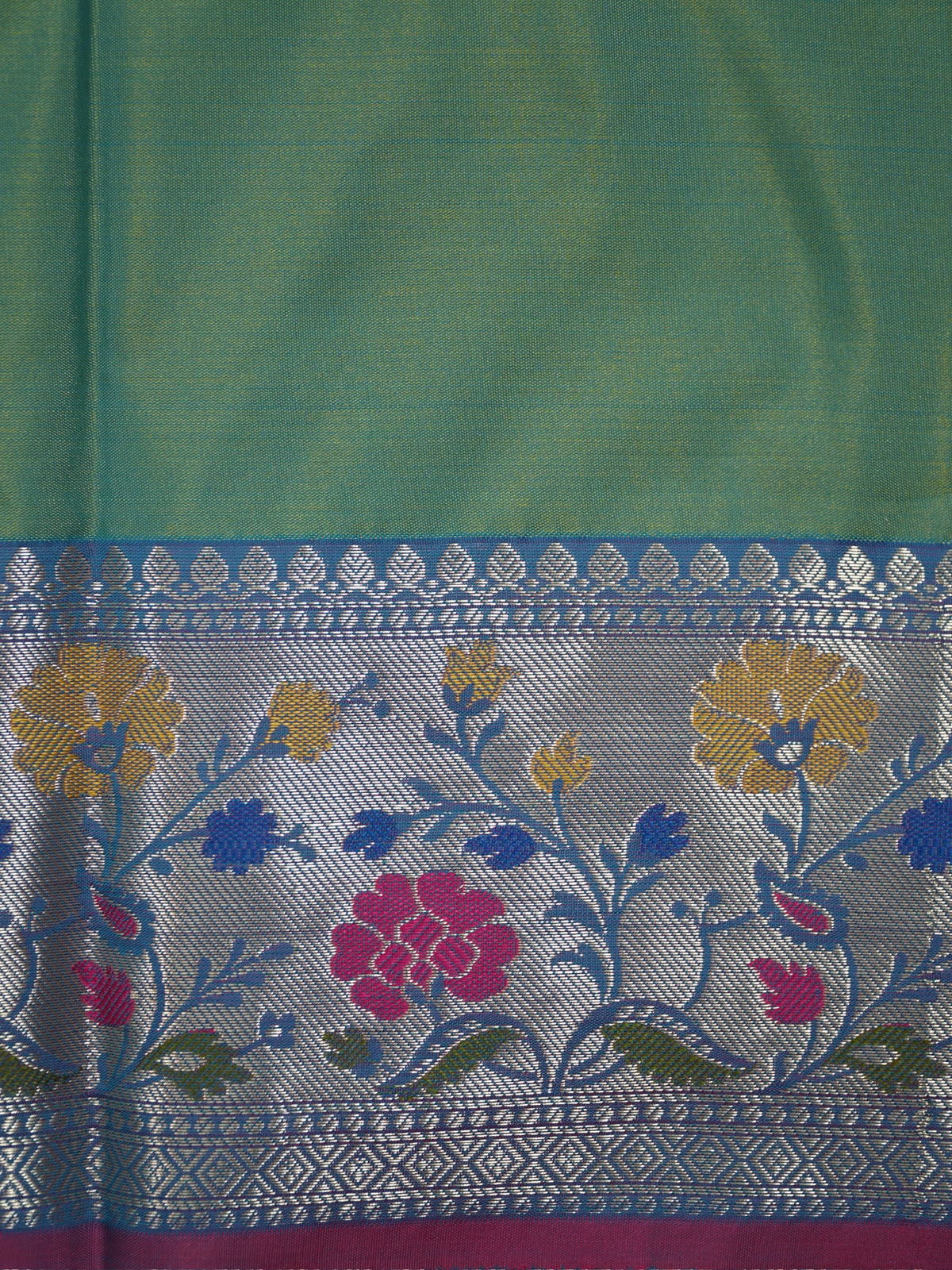 Mustard & Sea Green Pochampally Silk Saree with Ikat Floral Vines & Silver Zari Meenakari Border