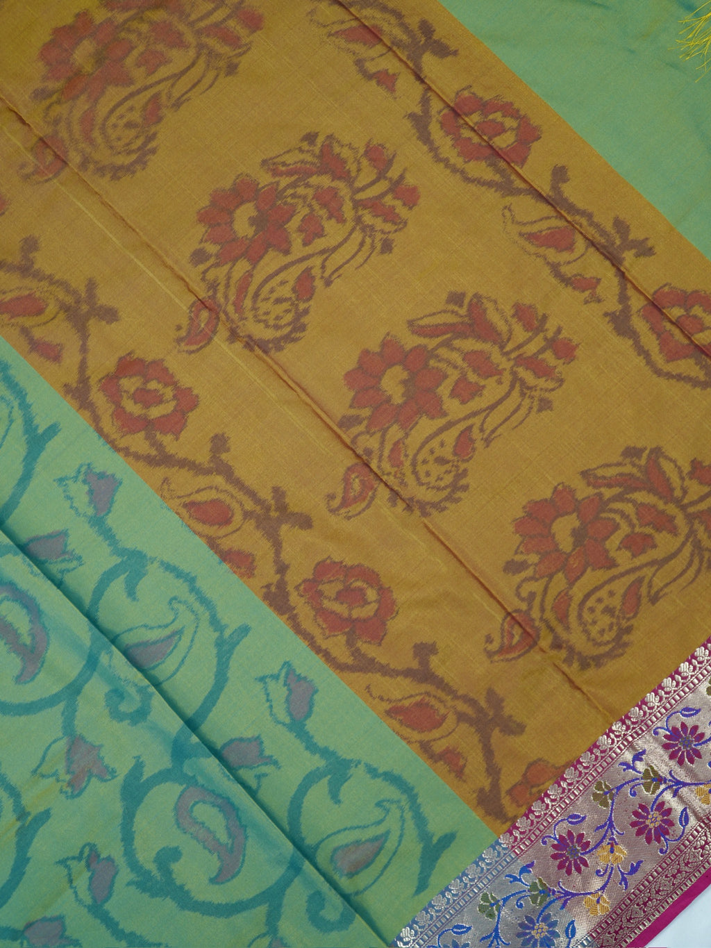 Olive Green Pochampally Silk Saree with Ikat Paisley Weave & Woven Floral Zari Border