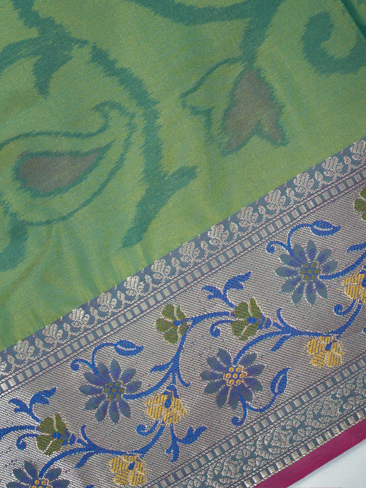 Olive Green Pochampally Silk Saree with Ikat Paisley Weave & Woven Floral Zari Border
