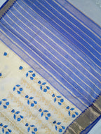 Off-White & Royal Blue Soft Cotton Floral Embroidered Saree with Zari Border