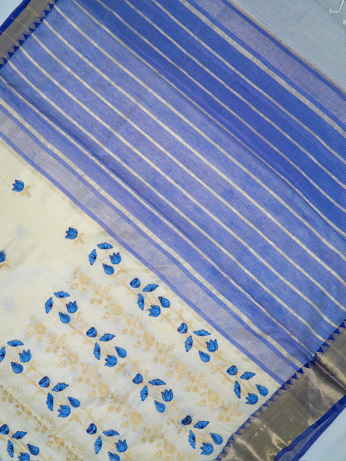 Off-White & Royal Blue Soft Cotton Floral Embroidered Saree with Zari Border