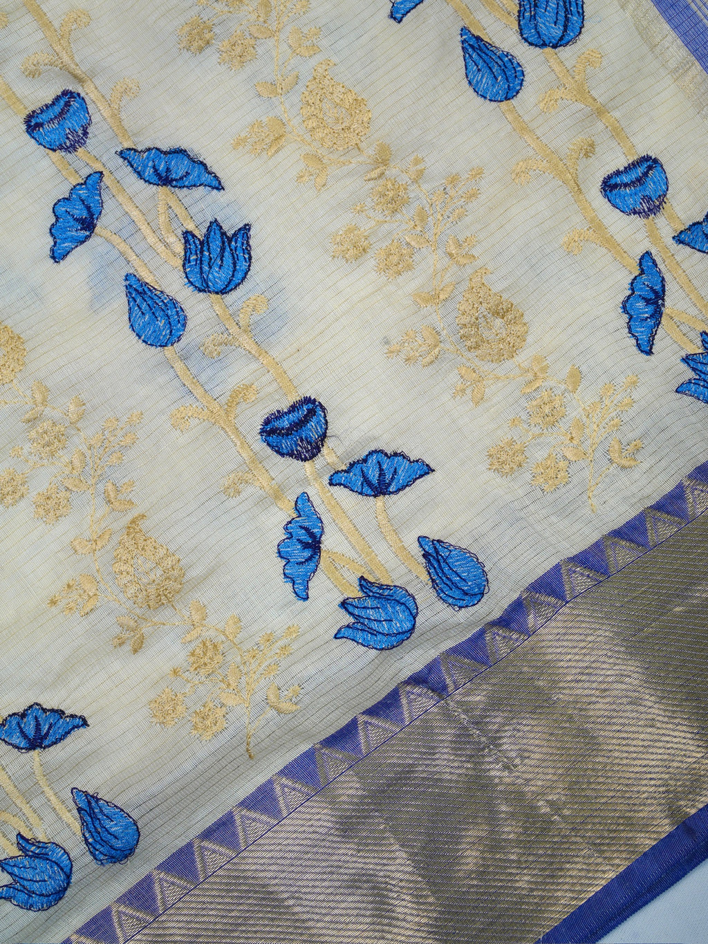 Off-White & Royal Blue Soft Cotton Floral Embroidered Saree with Zari Border
