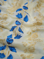 Off-White & Royal Blue Soft Cotton Floral Embroidered Saree with Zari Border
