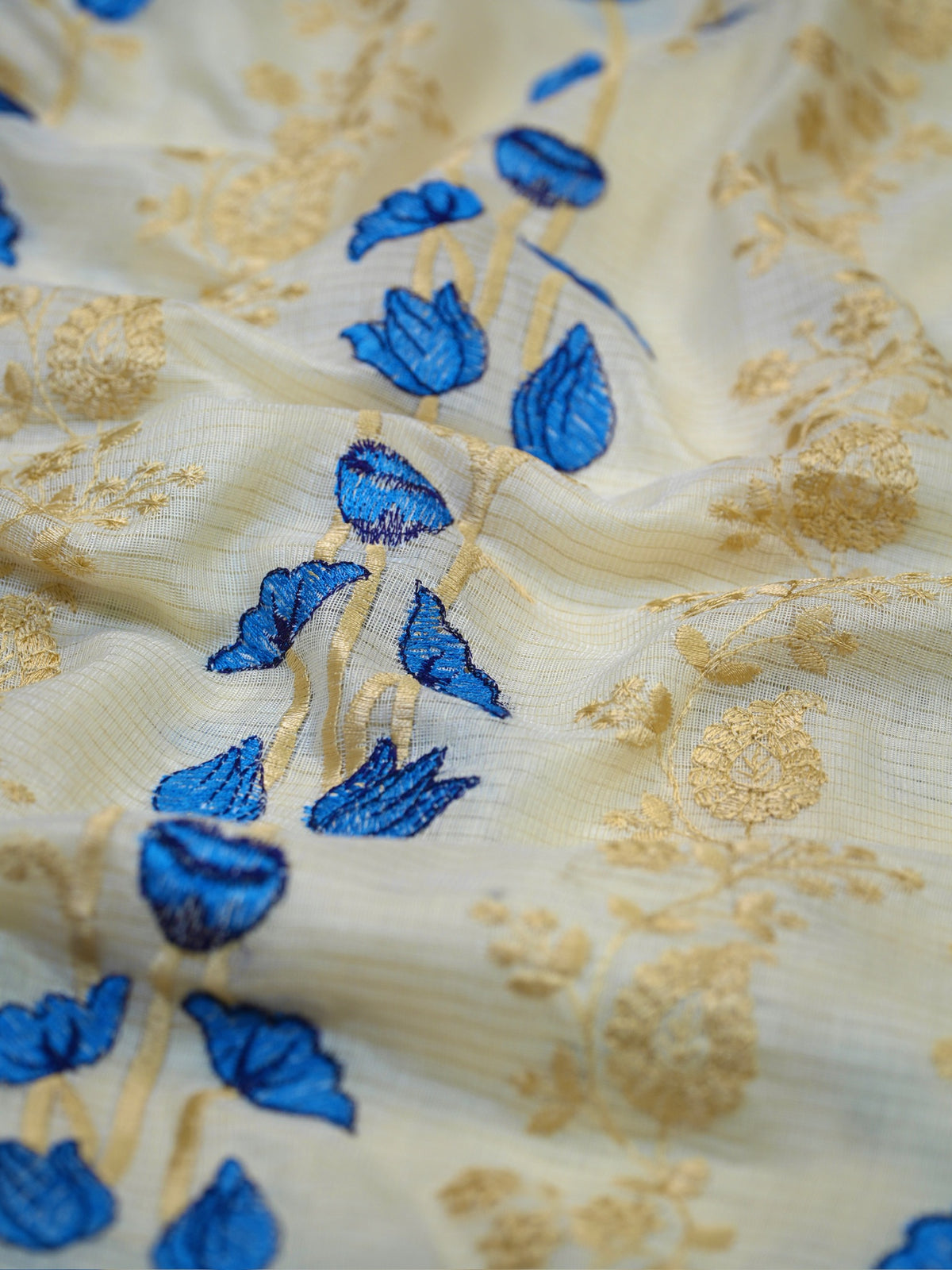 Off-White & Royal Blue Soft Cotton Floral Embroidered Saree with Zari Border