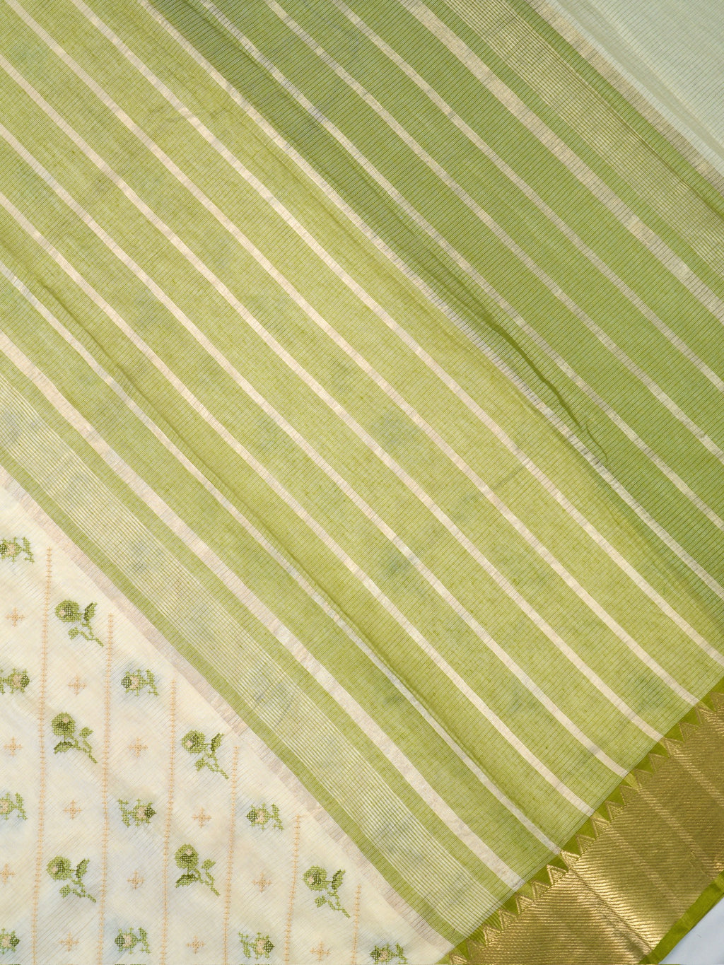 Off-White & Sage Green Soft Cotton Embroidered Saree with Zari Border