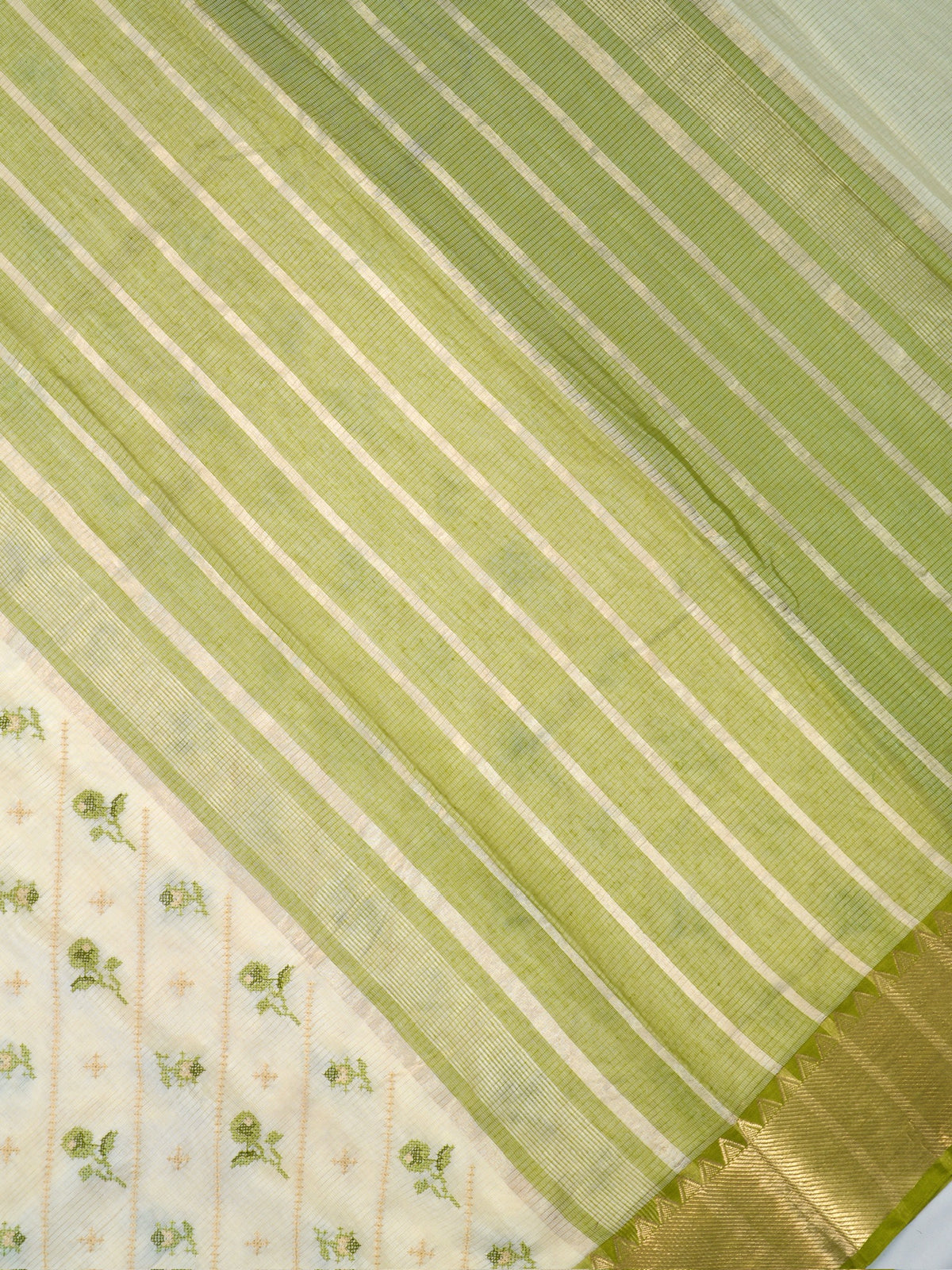 Off-White & Sage Green Soft Cotton Embroidered Saree with Zari Border