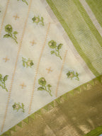 Off-White & Sage Green Soft Cotton Embroidered Saree with Zari Border