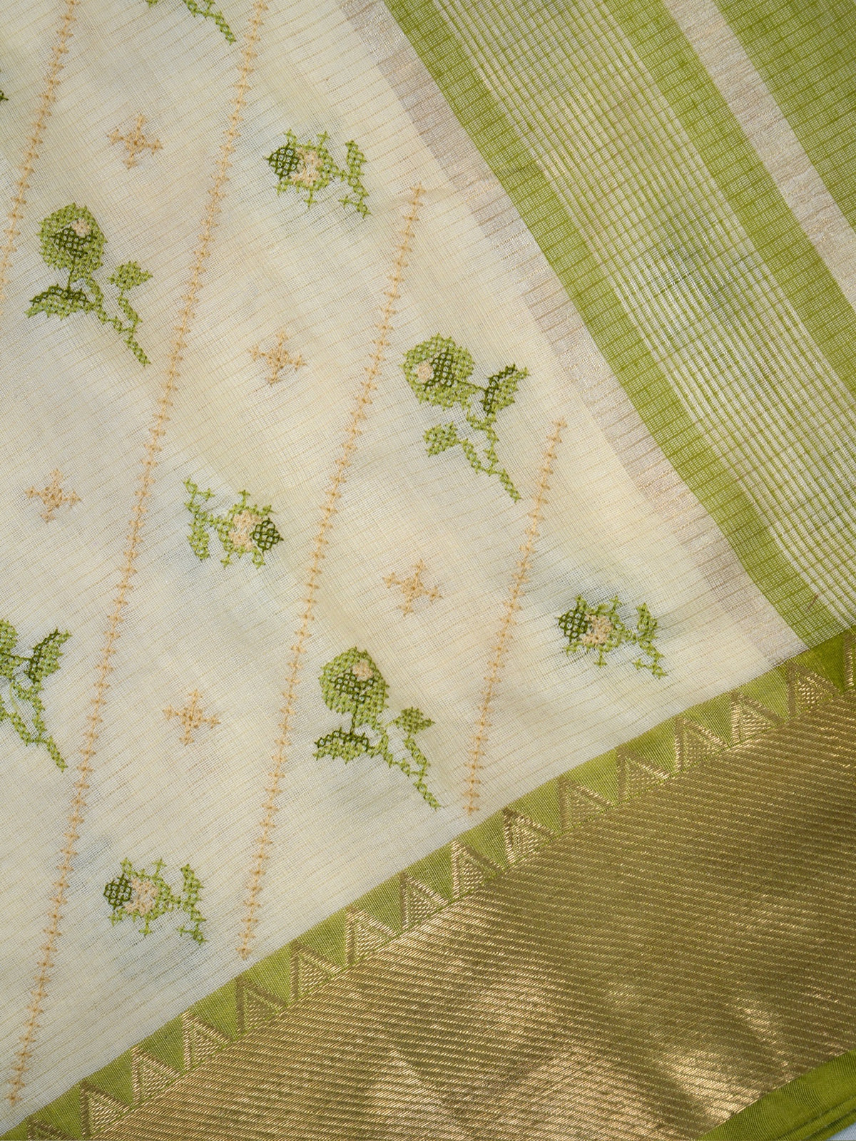 Off-White & Sage Green Soft Cotton Embroidered Saree with Zari Border